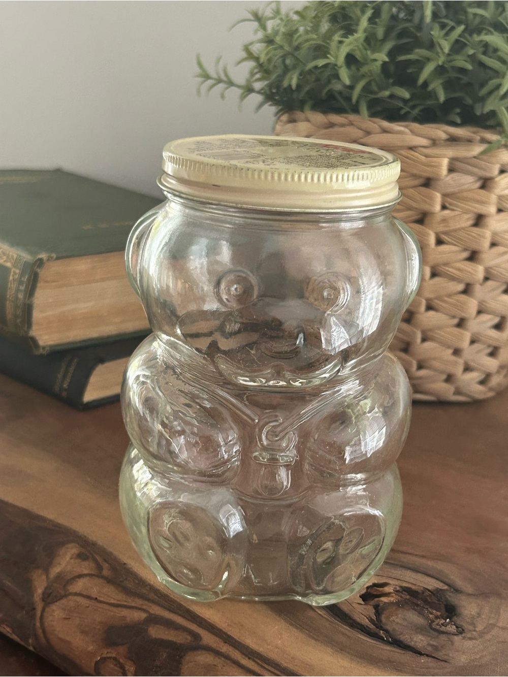 Vintage KRAFT Clear Glass Baby Bear Honey Jar with Gold Lid Canada 5.5”H